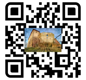QR code with an image of an old brick building in the center.