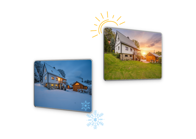 Two images of the same house: one in winter with snow and a snowflake icon, the other in summer with green grass and a sun icon.