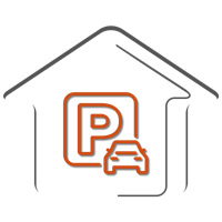 Outline of a house with a parking symbol and a car inside.
