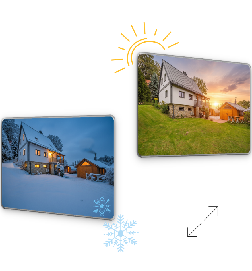 Two images of the same house; the left shows a snowy winter scene with a snowflake icon, and the right shows a sunny summer scene with a sun icon.