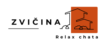 Logo with the text "ZVIČINA Relax chata" and a stylized drawing of two houses on an orange square background.